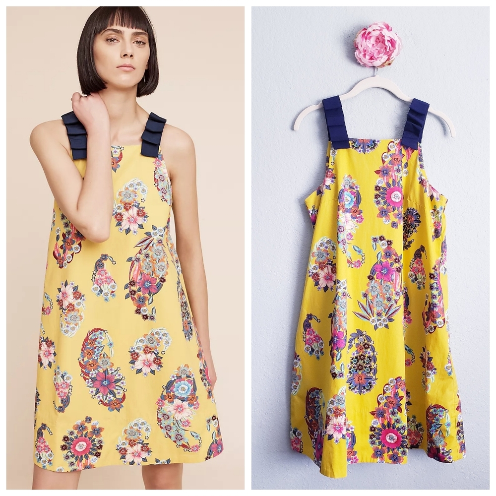 Anthropologie Yellow Floral Dress with Navy Straps